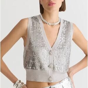 J.Crew Merino Wool V Neck Sweater Vest Silver Sequin Party Preppy Small NWT